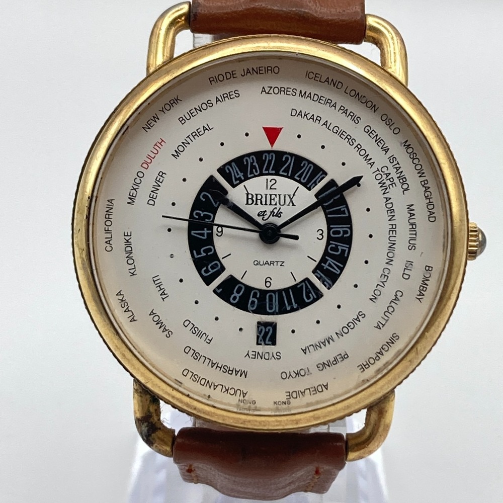 Vtg Brieux Mens Watch 40mm Gold Tone World Time Date Leather New Battery 8.5"